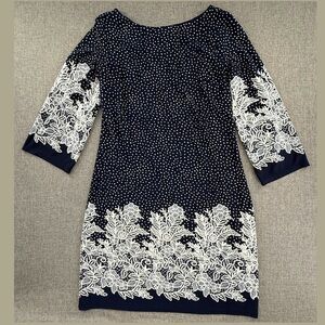 EnFocus Studio Pullover Dress Navy & White Size 6 Floral Boat Neck‎ Stretchy
